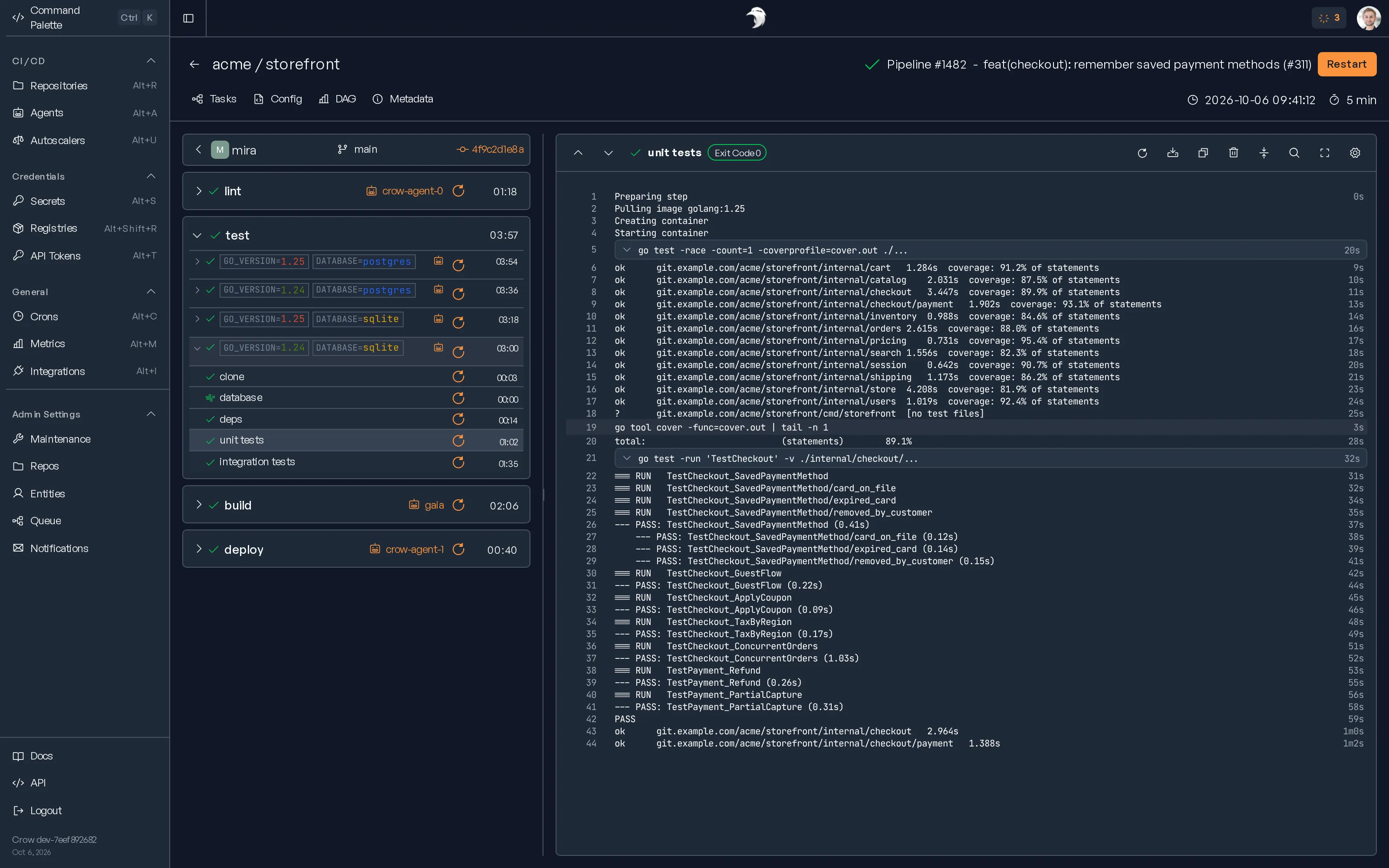 A Crow pipeline with its workflows, steps and live logs