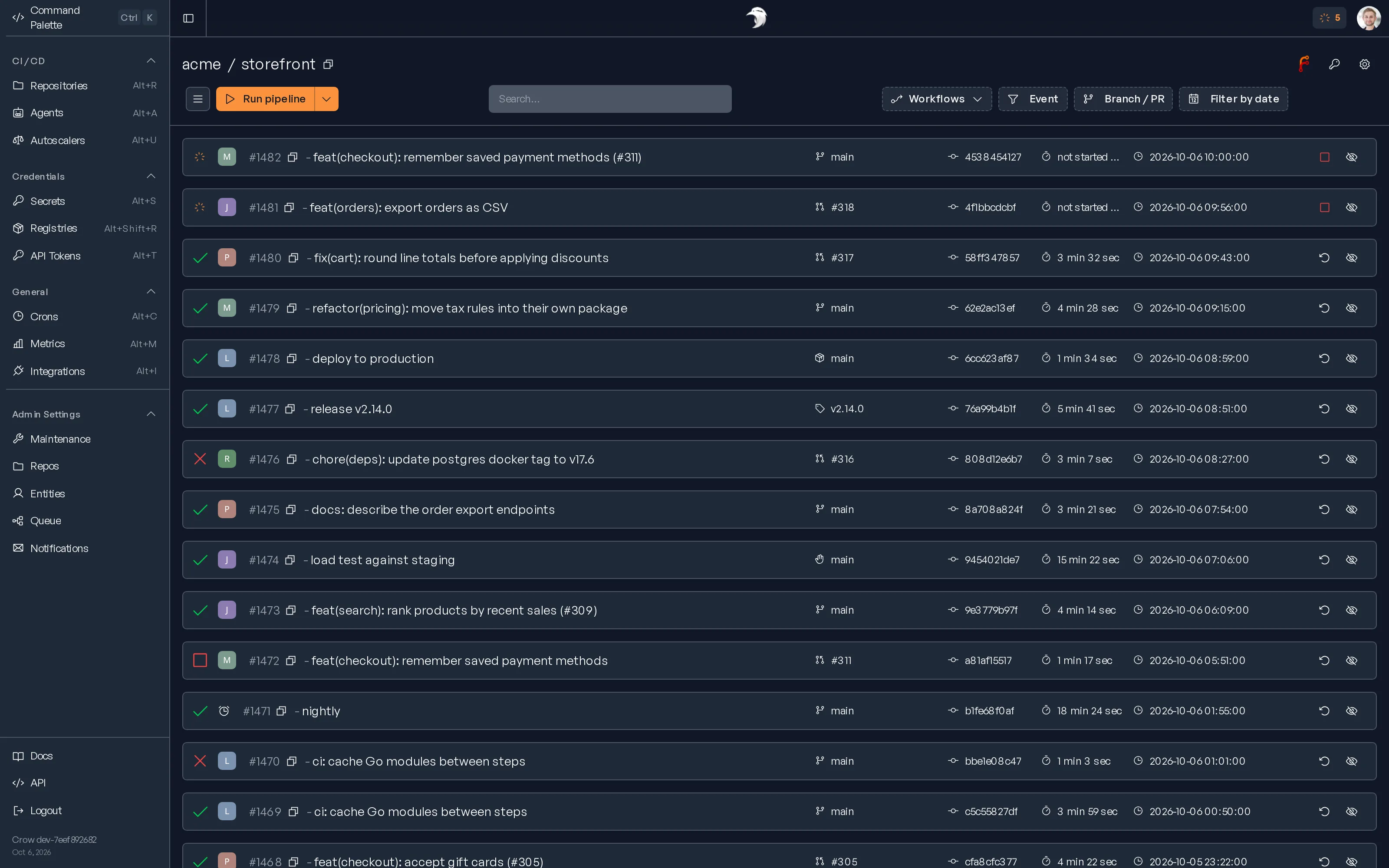 The pipeline list of a repository in Crow